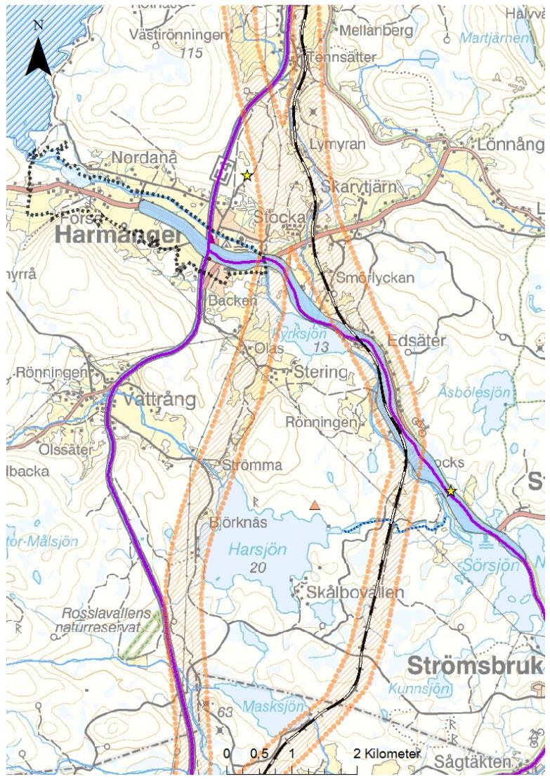 NV VicNatur Vattenskyddsområde - planerad - framtida Potentiellt förorenade områden EBH Riskklass/Preciserad status efter åtgärd ^_ 1 ^_ 2 ^_ 3 med enkelspår med dubbelspår Övrig järnväg under