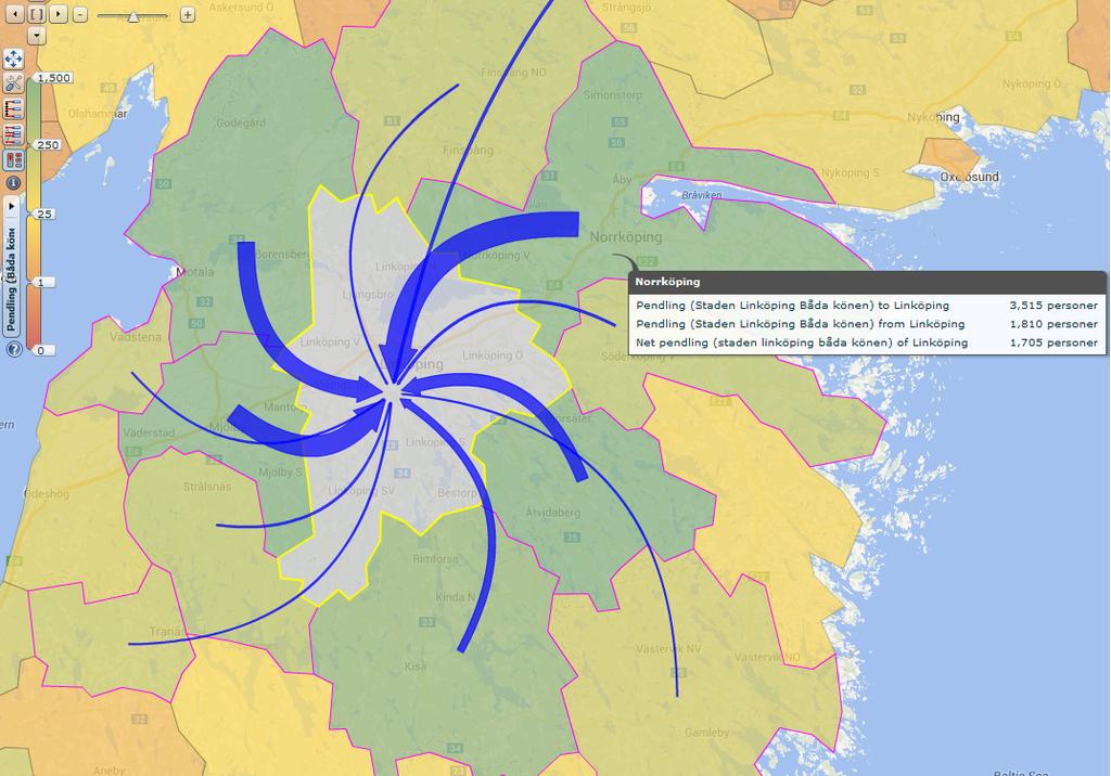 Inpendling från andra kommuner till Linköpings tätort 212 Eftersom 87 procent av dem som pendlar in till Linköpings kommun från en annan kommun har sin arbetsplats i Linköpings tätort påminner
