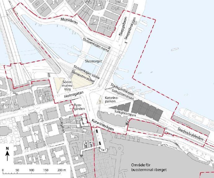 Figur 2. Nya Slussen med planområdena för Nya Slussen och bussterminalen inritat. (Tyréns AB, 2011a, s.