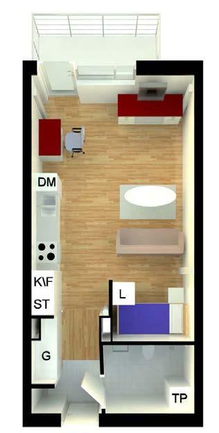 Exempel på lägenhetstyper 1 rum och kök ca 38 m 2 3 rum och kök ca 58 m 2 Ljusa lägenheter Lägenheterna präglas av ljus och rymd.