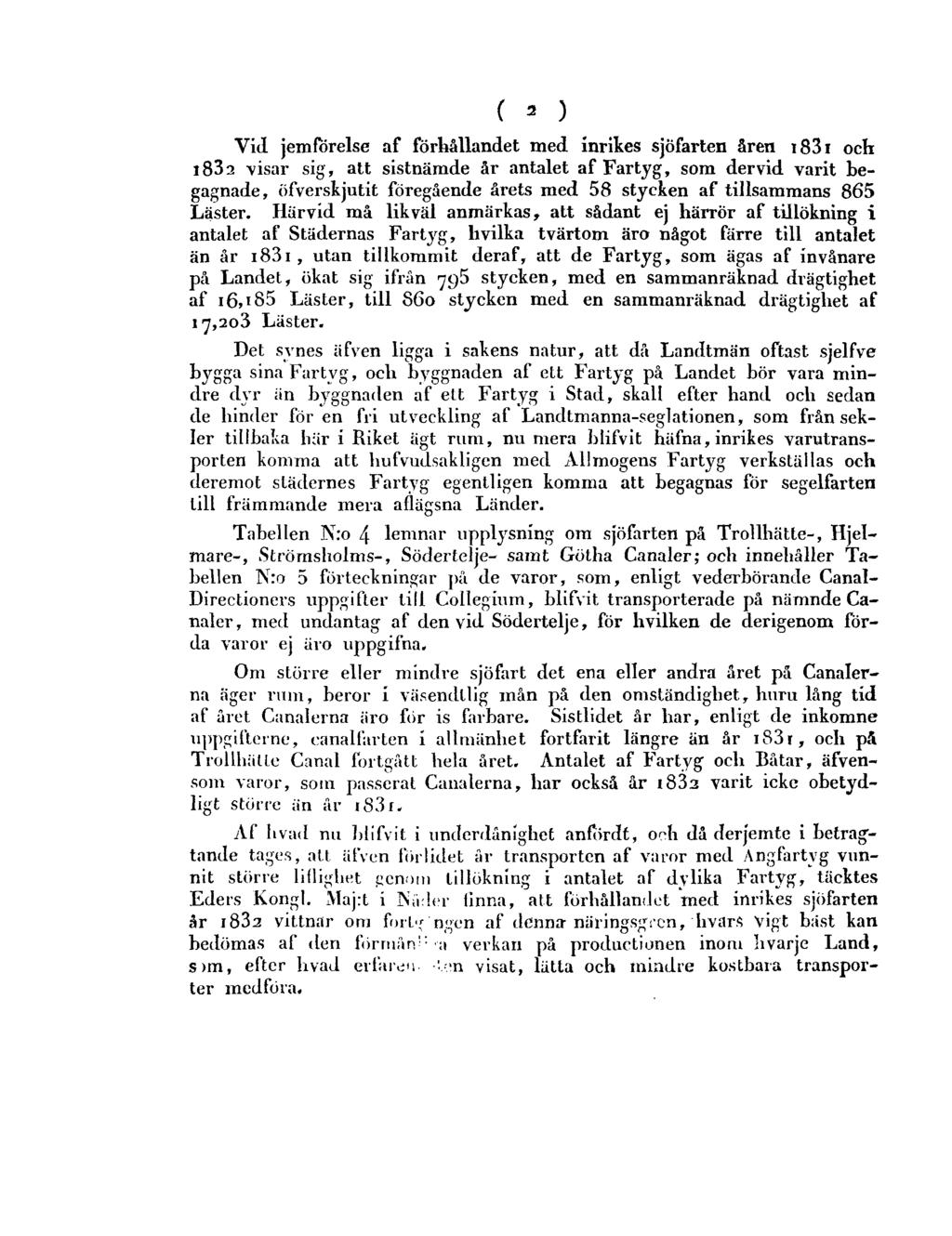 2 Vid jemförelse af förkållandet med inrikes sjöfarten åren 1831 och 1832 visar sig, att sistnämde år antalet af Fartyg, som der vid varit begagnade, öfverskjutit föregående årets med 58 stycken af