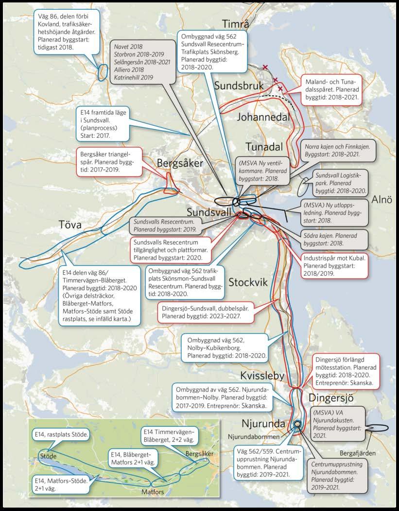 Trafikverket investerar 5 miljarder till 2025 Vägtrafik Ombyggnad gamla E4:an E14-5 km fyrfilig motorväg Spårtrafik Triangelspår för gods Dubbelspårsutbyggnad,