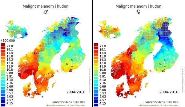 Figur 2. Kartor över incidens för melanom uppdelat på män och kvinnor. 3.1.1 Ålder Medianåldern för melanomdiagnos år 2015 var 63,5 år hos kvinnor och 68 år hos män (12).