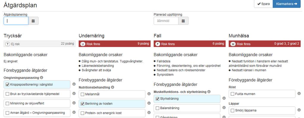 6. Åtgärdsplanering Områden med risk är rödmarkerade och poängen för respektive bedömningsinstrument syns i det röda fältet. Bakomliggande orsaker följer med över till åtgärdsplanen.