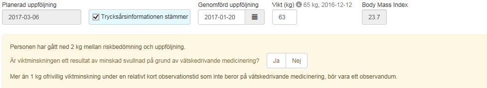 Vikt Ange aktuell vikt (kg). Body Mass Index (BMI) räknas ut automatiskt.