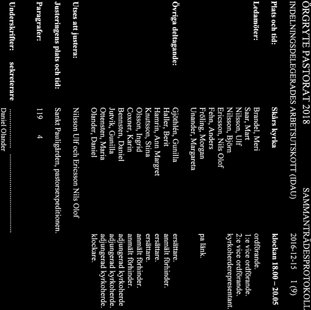 ÖRGRYTE PASTORAT 2018 INDELNINGSDELEGERADES ARBETSUTSKOTT (IDAU) 2016-12-15 1(9) Plats och tid: