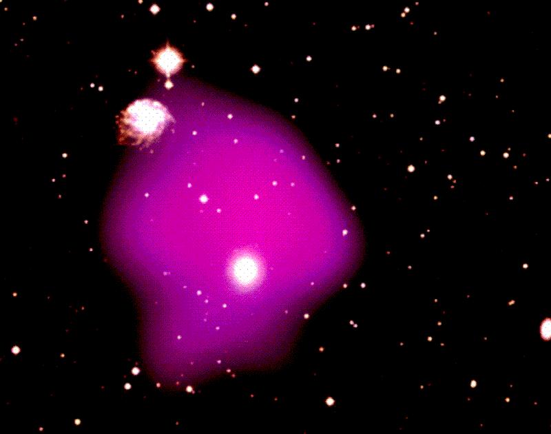 Mörk materia Röntgenstrålning från het gas i i en en galaxhop En En röntgenbild (violett) som som visar visar het het gas gas ovanpå en en bild bild ii synligt ljus.