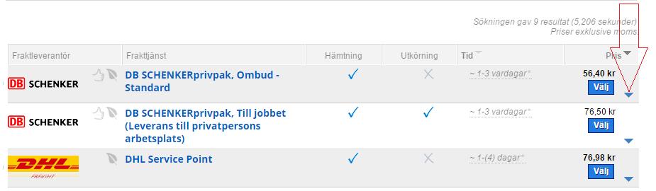 Vill du ändra sorteringsresultatet gör du det enklast genom att klicka på antingen 'Tid' eller 'Pris'.