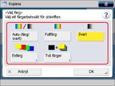 Sida 15 av 100 Om [Använd Auto(färg/svart)] i [Välj färginställningar för kopia] är inställt på 'Av', visas inte [Auto (färg/svart)]. (Se " Begränsa användningen av Auto färgval.