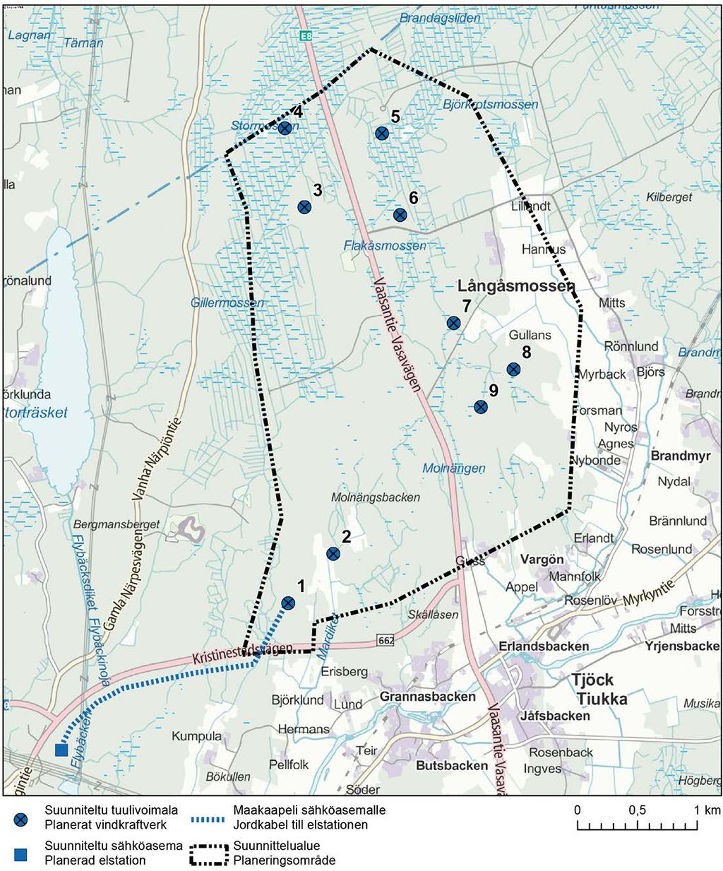 Figur 5 1. Preliminär plan för placering av vindkraftverken enligt alternativ 1. 5.2 Elöverföring Beträffande elöverföringen granskas en anslutning av Tjöck vindkraftsprojekt till Fingrid Oyj:s stamnät i miljökonsekvensbedömningen.