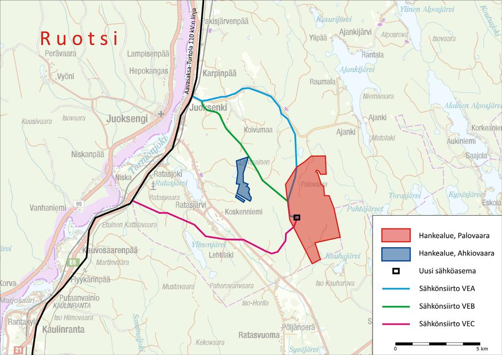 Projektområde, Palovaara Projektområde, Ahkiovaara Ny elstation Elöverföringsalternativ VEA Elöverföringsalternativ VEB Elöverföringsalternativ VEC Bild 4.3. Elöverföringsalternativ 5 5.