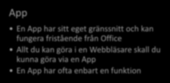 Skillnad mellan App och Add-in (Tillägg) App En App har sitt eget gränssnitt och kan fungera fristående