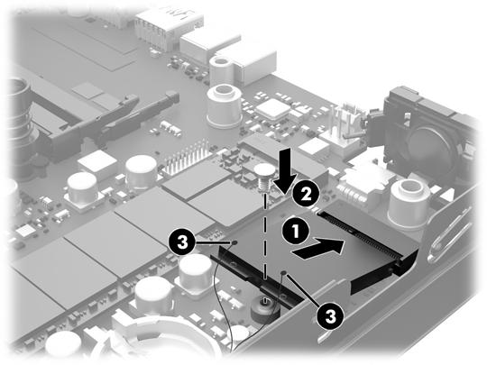 16. Ta tag i WLAN-modulen (2) vid sidorna och dra ut den ur sockeln. 17. Sätt in nya WLAN-modulen i sockeln på moderkortet. OBS! En WLAN-modul kan enbart installeras på ett sätt. 18.