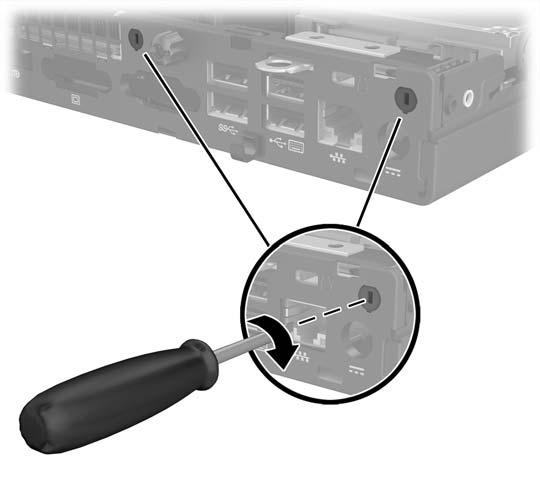 16. Sätt i en stjärnskruvmejsel i pluggarna och vrid för att få bort pluggen. 17. Mata fram kabeln till externa antennen genom hålen och skruva fast antennen i läge. 18.