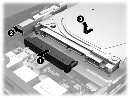 9. Skjut enheten bakåt tills det tar stopp och lyft sedan upp hårddisken (3) ur enhetshållaren. 10.