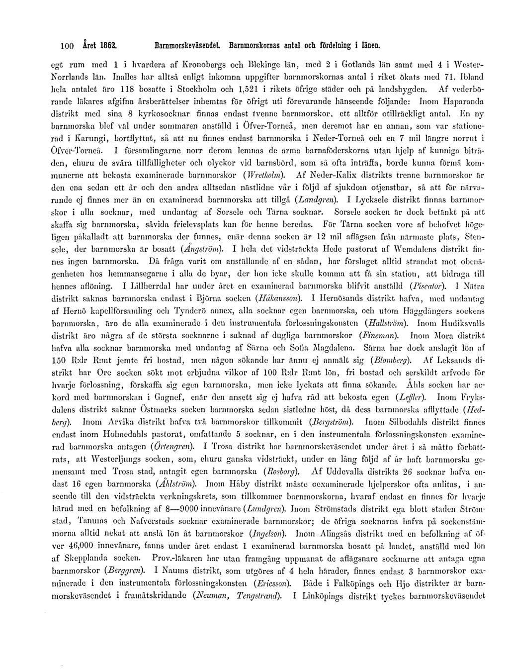 100 Året 1862. Barnmorskeväsendet. Barnmorskornas antal och fördelning i länen. egt rum med 1 i hvardera af Kronobergs och Blekinge län, med 2 i Gotlands län samt ined 4 i Wester- Norrlands län.