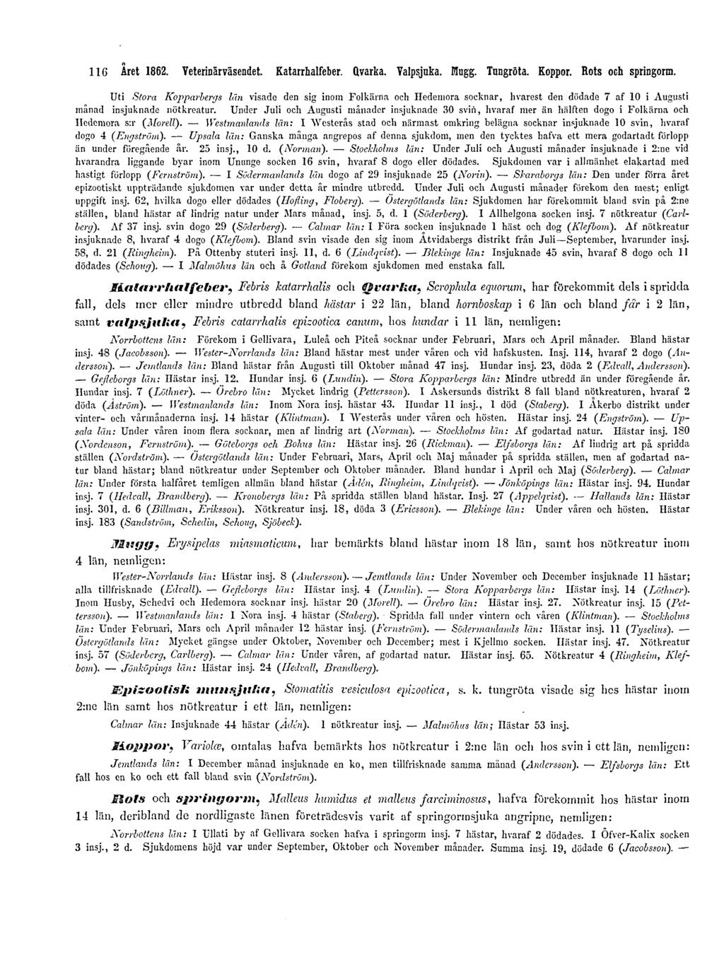 116 Året 1862. Veterinärväsendet. Katarrhalfeber. Qvarka. Valpsjuka. Mugg. Tungröta. Koppor. Rots och springorm.