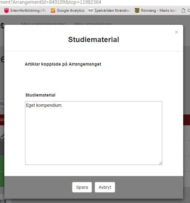 Exempel på ifylld Arrangemangslogg och Studiematerial: Verktyg för att redigera listan: Här löser du olika problem du kan stöta på med listan så som den ser ut när du får tillgång till den.