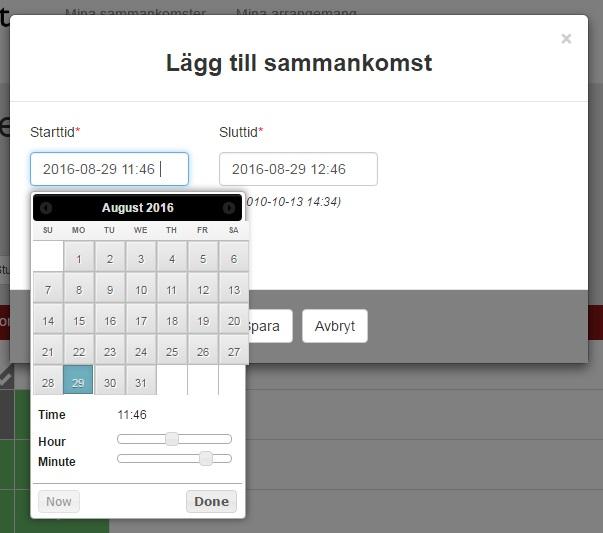 För att lägga till en helt ny sammankomst klickar du på plustecknet i menyn och väljer rätt datum, samt start- och sluttid.