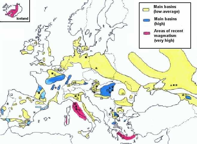 Lokala villkor Identified geothermal heat resources in Europe. Currently, more than 100 geothermal district heating systems are in operation.