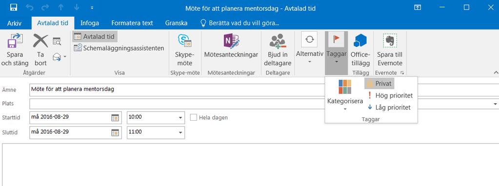 Sida 10 av 14 När detta är gjort är det klart för att sparas om man inte på ett eller annat sätt vill Tagga kalenderposten färgmarkera, prioritera eller markera Privat (det senare kan vara bra om man