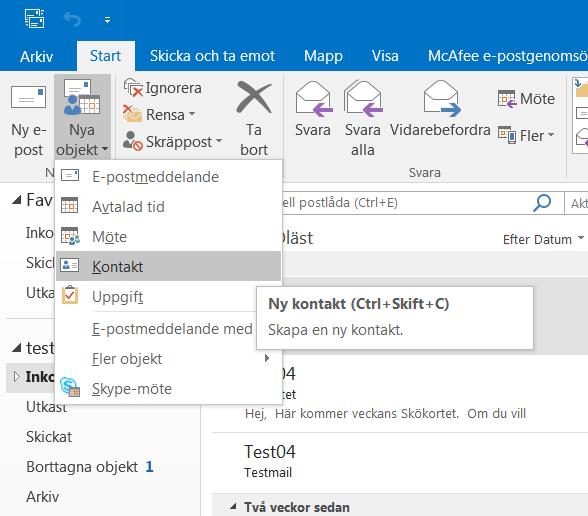 Sida 5 av 14 Om du vill lägga till enskilda nya kontakter så klickar du på Nya objekt enligt ovan och sedan på Kontakt (du