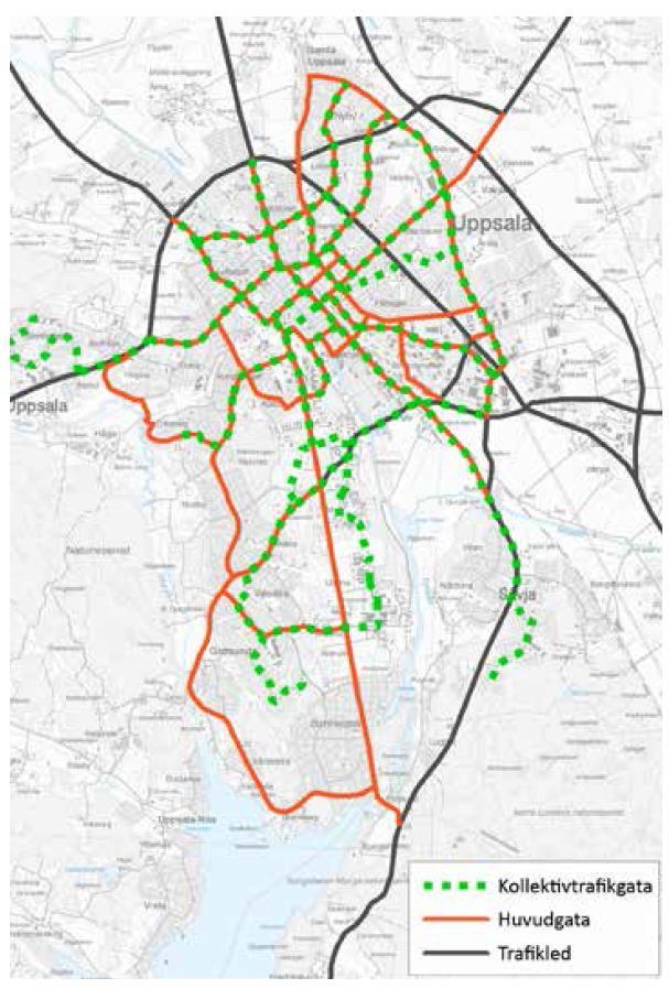 Figur 3. Huvudvägnätet i Uppsala. Det nät som går längs Väg 55 inom tätorten tillhör gruppen trafikled där bilens framkomlighet prioriteras. Väg 55 pekas ut som ett viktigt stråk för kollektivtrafik.