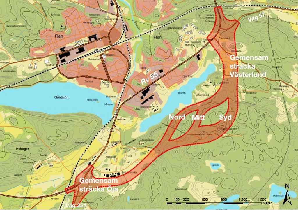 Figur 10. Utredda korridorer för Förbifart Flen. Nuvarande genomfart är 3,5 km och har hastighetsgräns 50 km/h.