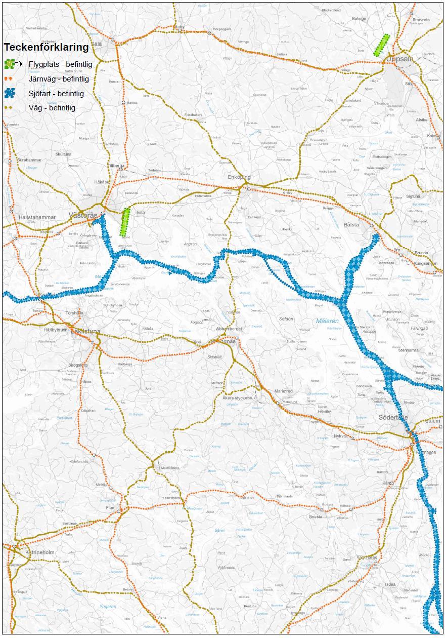 Figur 13. Riksintressen för kommunikation. Väg 55 är till störst delen en regional väg men delar av den går den i samma sträckning som de nationella vägarna E20 och E18.