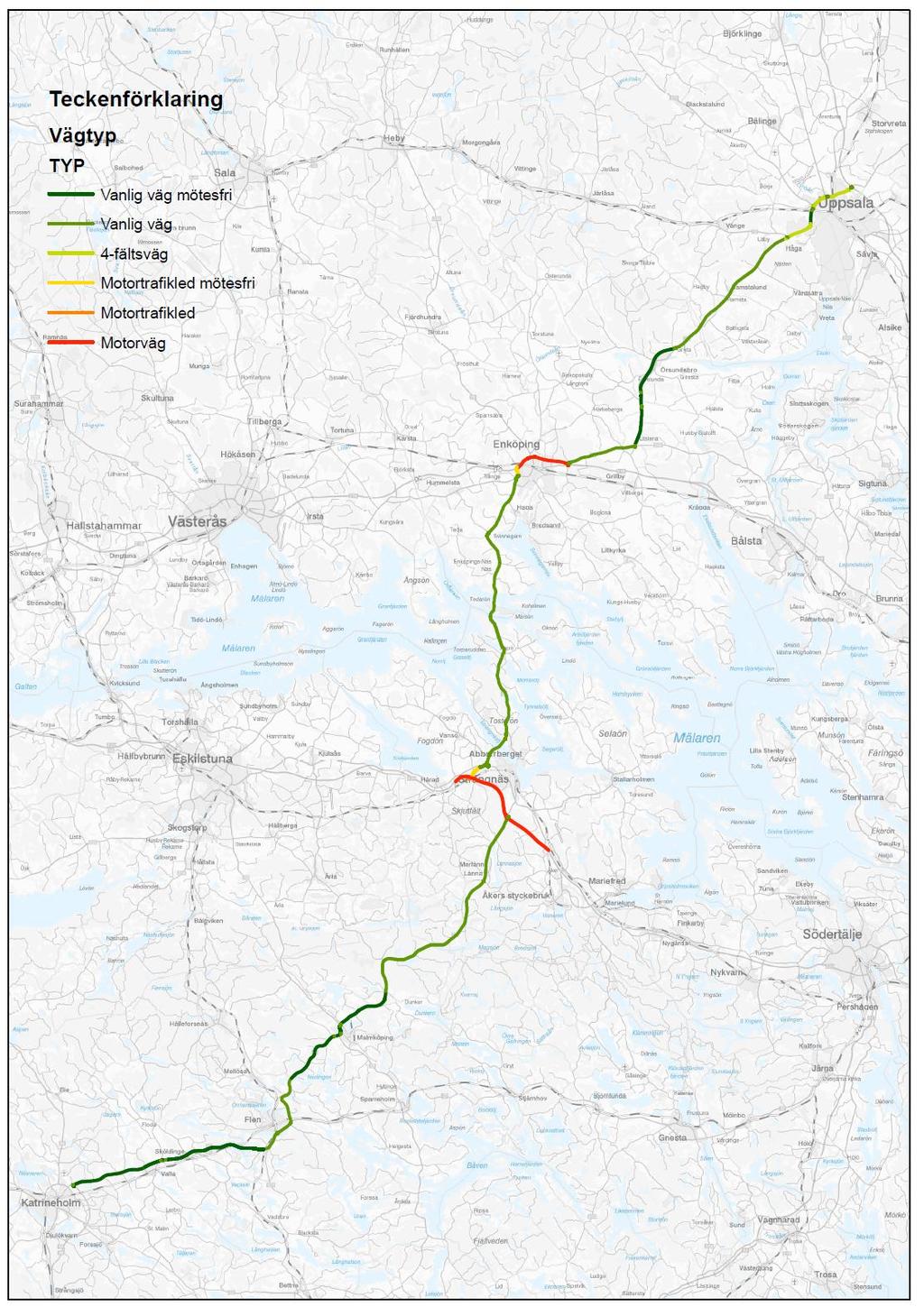 Figur 14. Väg 55:s olika standard avseende körfält och separering inom utredningsområdet. Då den studerade delen av väg 55 är en lång sträcka varierar också ÅDT stort längs sträckan.