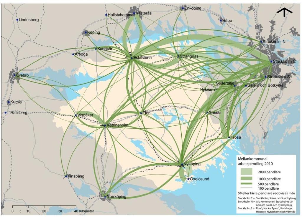 Figur 24. Arbetspendling i Södermanlands län (Källa SCB och Vectura). Enligt data från SCB var pendlingutbytet (oavsett transportslag) mellan de ingående kommunerna 2012 enligt tabell nedan.