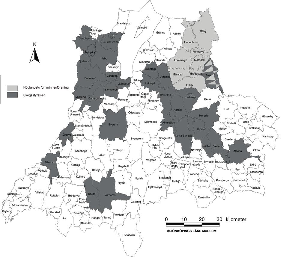 figur 1. Jönköpings län. Markerade socknar som berörts av Skog och Historiaprojektet.
