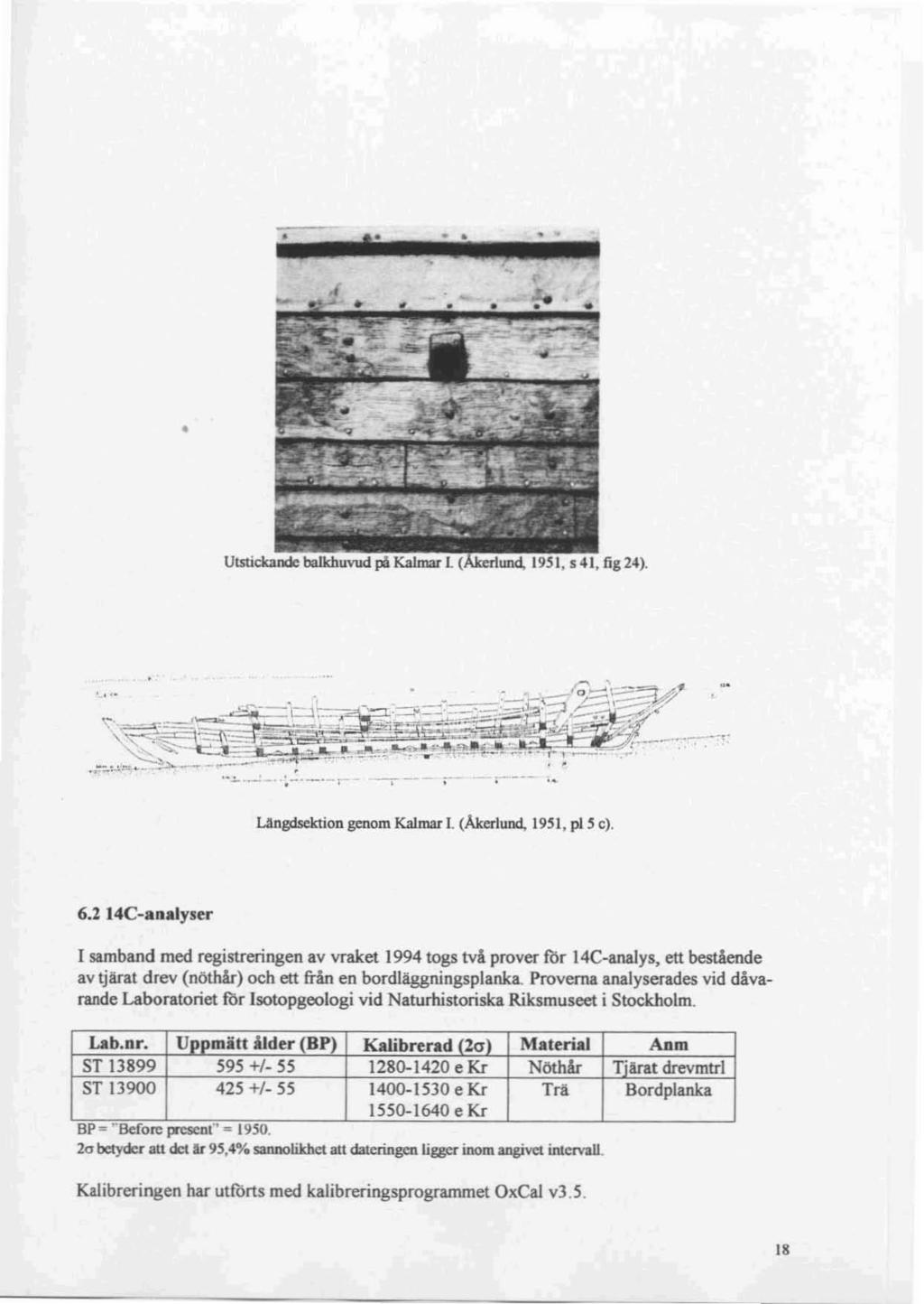 .. - -,~ - U ngdscktion genom Kalmar I. (Åkerlund. 195l, pi 5 e). 6.2 14C analyser I samband med registreringen av vraket 1994 togs två prover för 14C-analys.