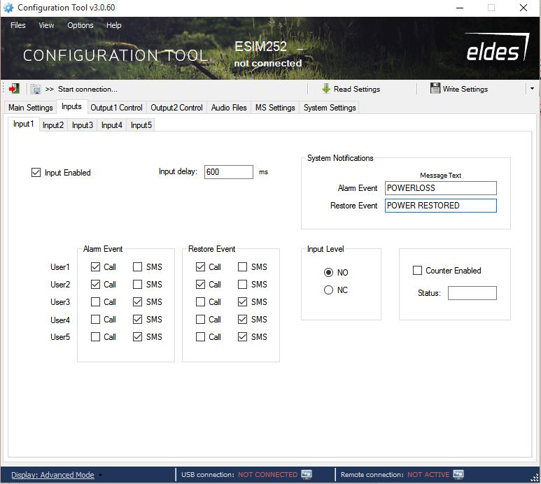 2. Inputs a) Input Enabled Byggvakt kommer färdigkopplad till Z5 eller Z1 (Input5/1) bocka av input enabled och välj input delay (hur lång tid det ska ta innan den larmar strömavbrott).