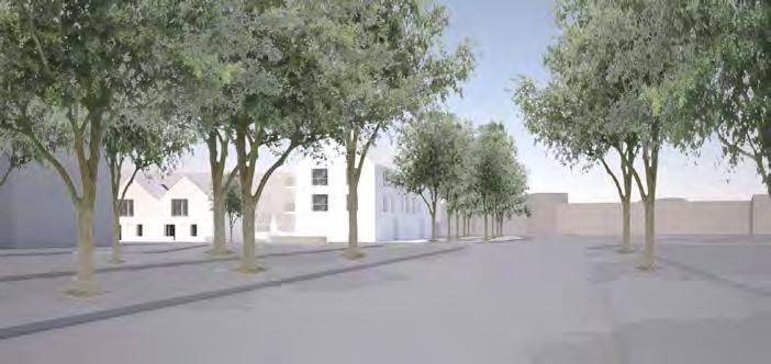 efter ett genomförande av detaljplanen (trädens placering på nedre bilden är inte exakta).