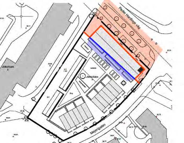 Region Gotland PLANBESKRIVNING SAMRÅD 2012/1101 Järnvägen 4 2017-02-22 Bullerutbredning, det röda området visar utbredning på bullernivåer högre än riktvärdet 55 dba inom planområdet.