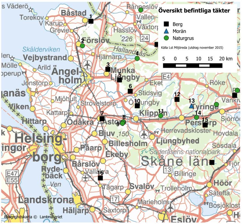 befolkning ger större behov framöver Befintliga täkter förutom Össjö, kan årligen leverera max ca 2,3 miljoner ton idag Totalt uttag av 17 miljoner ton material, utan tidsbegränsning Årlig produktion