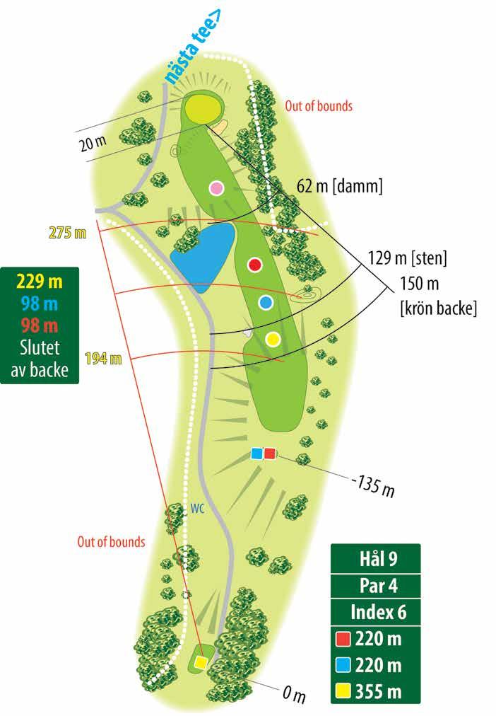 9 HÅLETS HÖJDPROFIL Tee [gul] 101 m Green +11,8 m 0 m +4,3 m Spelstrategi: Ett hål som mycket avgörs redan från tee.