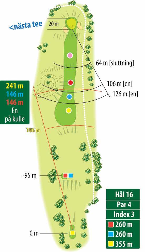 HÅLETS HÖJDPROFIL Tee [gul] 90 m Green 0 m -18,9 m -19,8 m 16 Spelstrategi: Ett betydligt svårare hål än föregående. Outen kommer fort på högersidan.