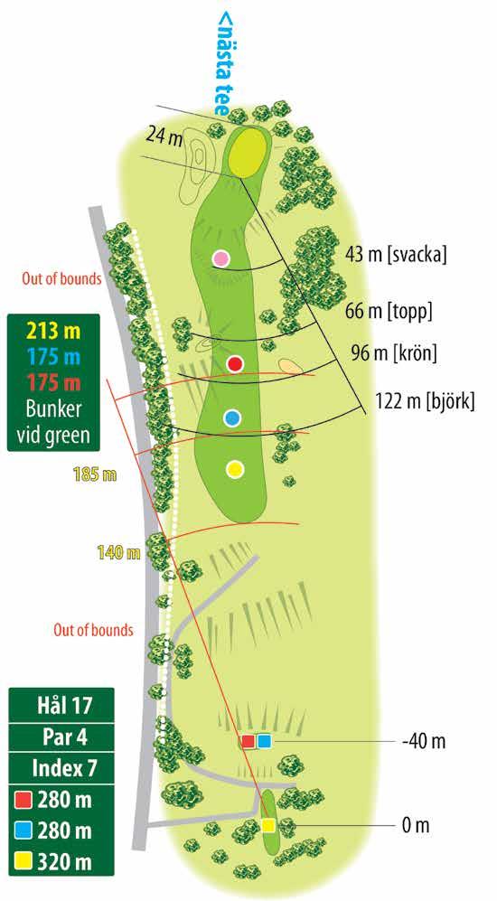 17 HÅLETS HÖJDPROFIL Tee [gul] 145 m Green 0 m 0 m +4,9 m Spelstrategi: Hålet spelas ofta långt i en vanligt förekommande västlig vind.