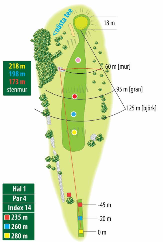 1 HÅLETS HÖJDPROFIL Tee [gul] 95 m Green 0 m -1,4 m +0,8 m Spelstrategi: Ett generöst öppningshål tar dig från klubbhuset och ut