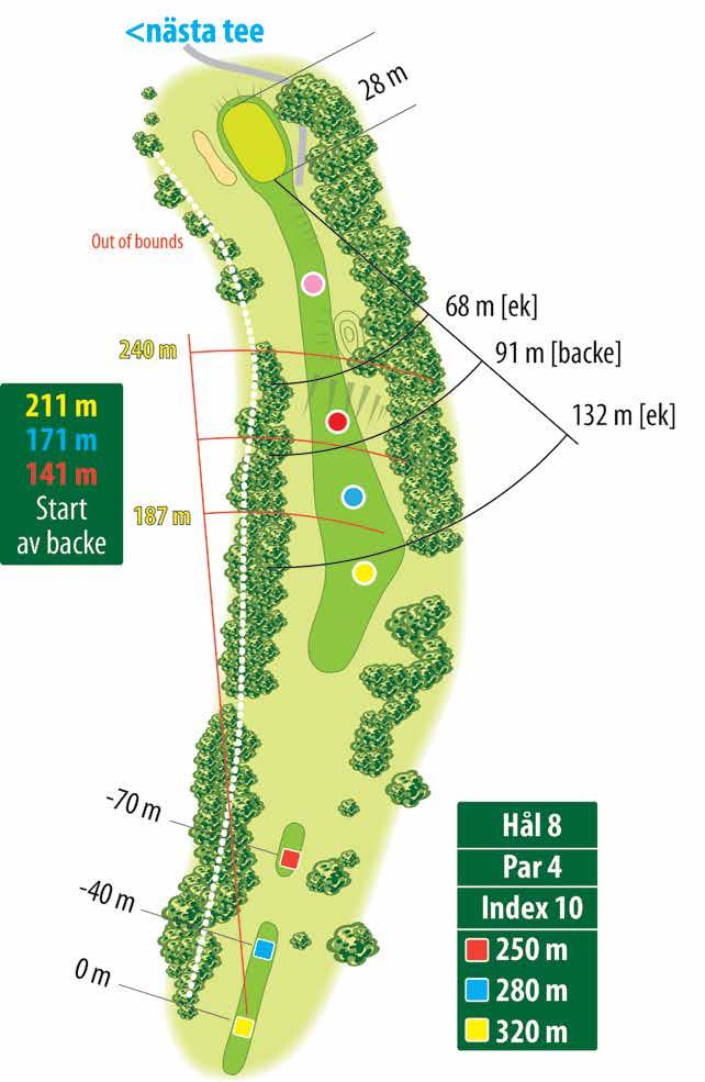 HÅLETS HÖJDPROFIL Tee [gul] 91 m Green 0 m 0 m +4,3 m 8 Spelstrategi: Ett kort men ändå knixigt hål.