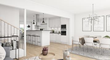 Bottenvåningen har härliga sällskapsytor med gott om plats för vardagsrumsmöbler, matplats och umgänge.