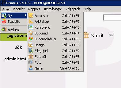 2.3 Nytt sätt att skapa nya objekt Processen att skapa ett nytt objekt kan nu också initieras från toppmenyn Fil / Ny eller Modul /