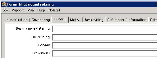 Under fliken Historik går det att söka på fältet Beskrivande datering, Produktion, Förvärv och Proveniens. Det är därmed möjligt att söka på alla konstverk med angivelsen f. Kr.