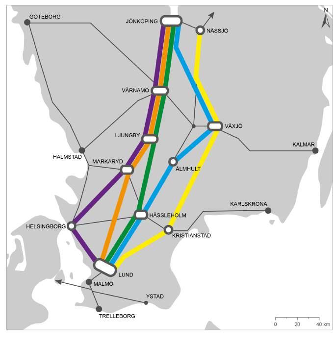 Den inledande avgränsningen gjordes utifrån följande kriterier: utredningens fasta förutsättning att järnvägen ska ansluta till befintlig järnvägsinfrastruktur vid Jönköping höghastighetssystemets