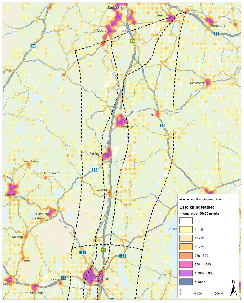 Figur 5.13. Befolkningstäthet sträckan Taberg/Tenhult Värnamo. pet, vilket sällan framgår av skyddsområdet och skyddsbestämmelserna. Inom utredningsområdet återfinns ett stort antal skyddade kyrkor.