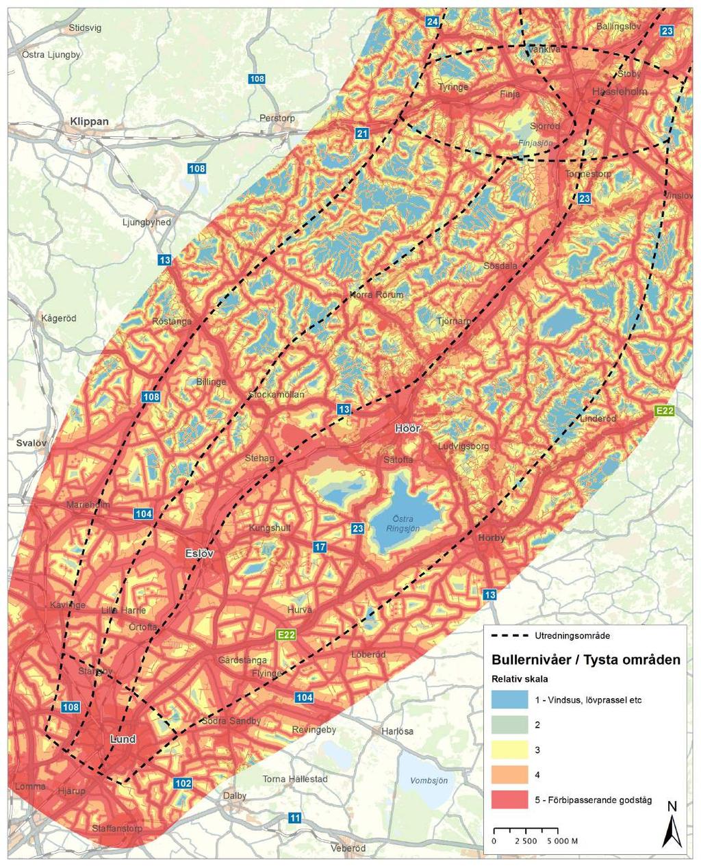 Figur 5.24. Buller och tysta områden sträckan Hässleholm - Lund. Hässleholm Hässleholm är centralort i Hässleholm kommun som är den största till ytan i Skåne och den femte största befolkningsmässigt.