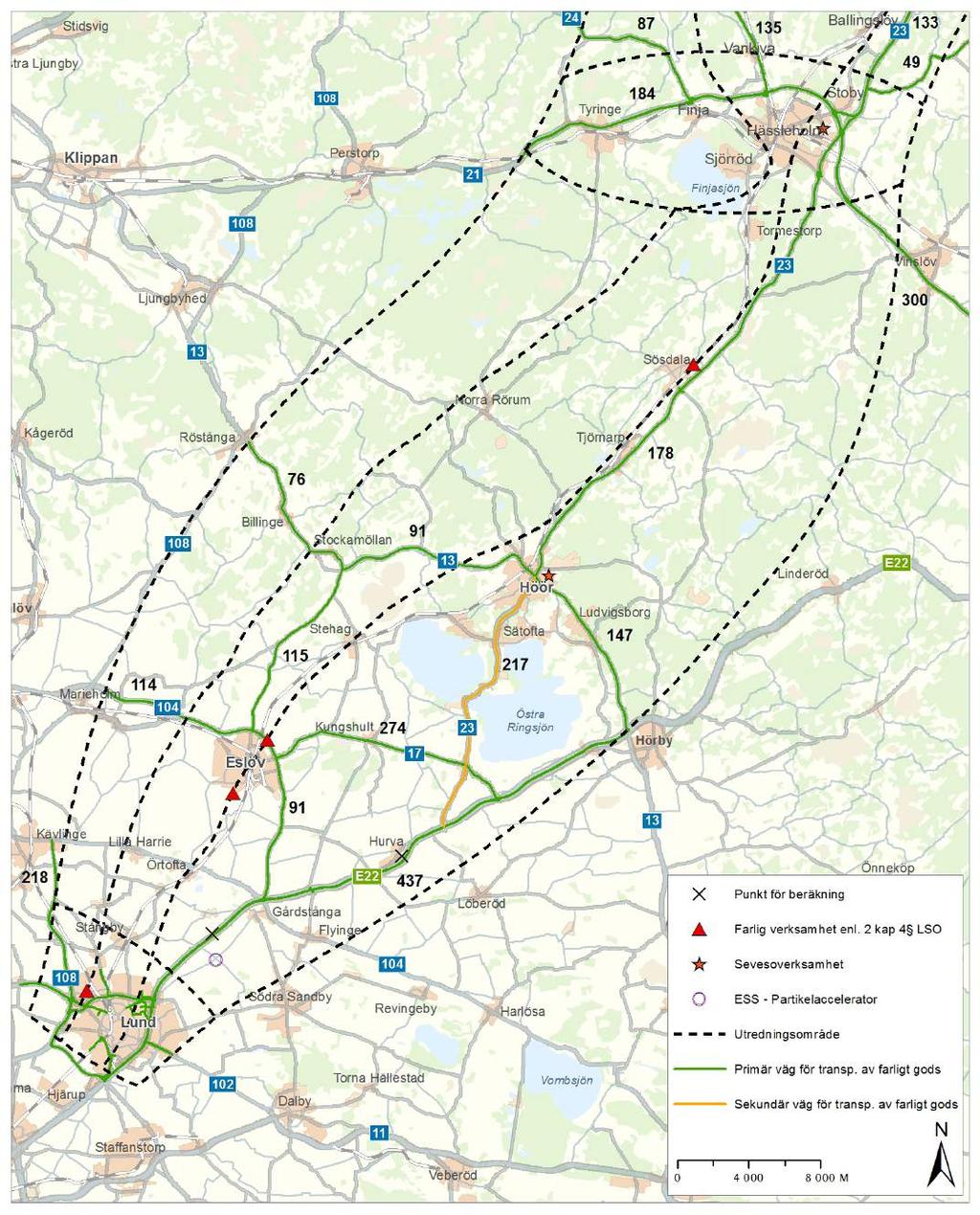 Figur 5.28. Farlig verksamhet och farligt gods, Hässleholm - Lund. Lund Lund är centralort i Lunds kommun.