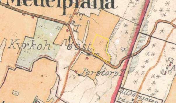 Medelplana 1880-tal. Torpmiljö i mellanbygd med en ganska stor andel åker och mycket betesmark. Även ängsmark finns kvar i väster.